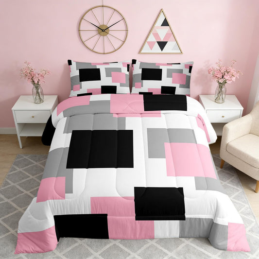 Castle Fairy Pink Black White Bed Comforter Set Queen Size,Geometric Grid Square Splicing Super Soft Microfiber Bedding Set for Kids Room Decor,Modern Abstract Comforter Set,2 Pillowcases