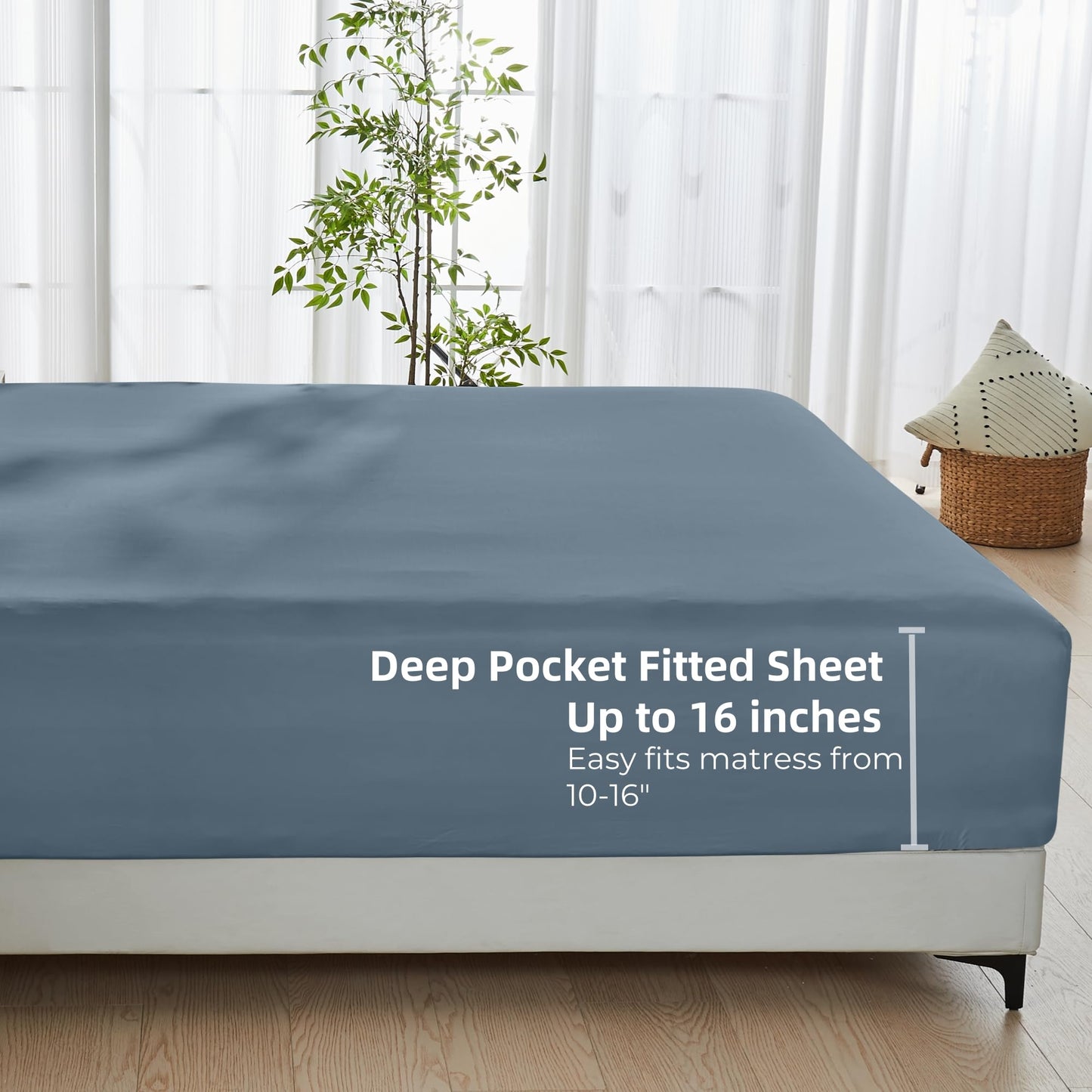 GOKOTTA Fitted Sheet King Only,100% Rayon Derived from Bamboo Fitted Sheet,Ultra Soft,Cooling and Breathable Bottom Sheet with 4 Elastic Corner Straps,No Slip,No Pilling,16" Deep Pocket-Blue