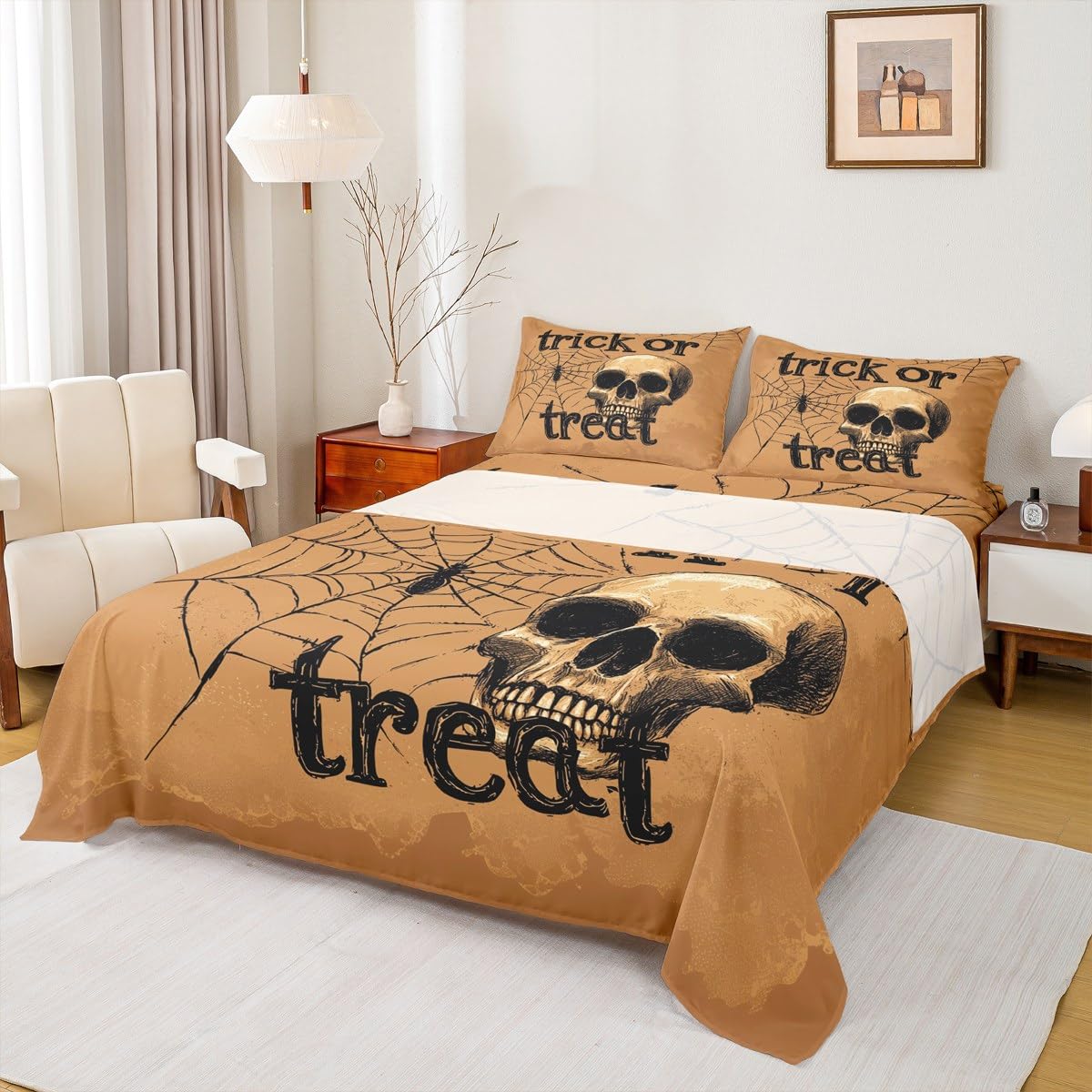 Feelyou Kids Halloween Bed Sheets Set Full Size, Trick or Treat Sheet Set Skull Decor Bedding Set Boys Girls Spider Web Teens Bedroom Decor Soft Bed Set 4Pcs