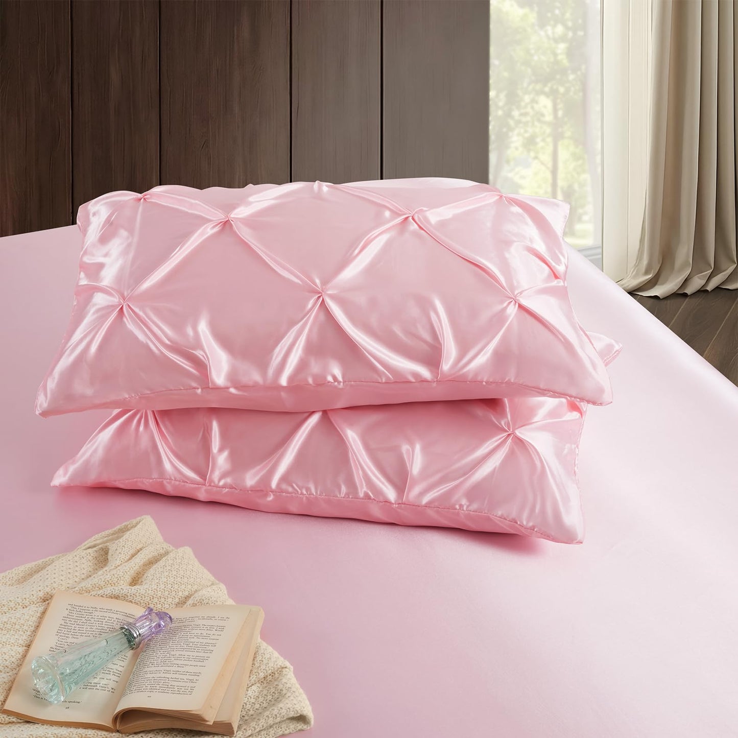 P Pothuiny 3-Piece Set Pintuck Satin Pillowcases & Twin Fitted Sheet, Blush Pink Satin Sheet Silky Soft Luxury Romantic Pinch Pleated Bedding Bedroom Dorm Decor, 15 Inch Deep Pocket