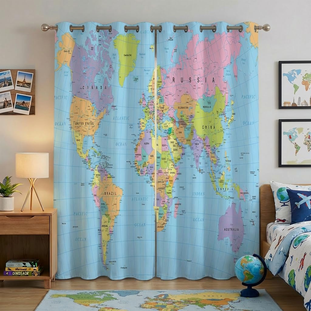 terxgrl World Map Blackout Curtains for Bedroom Living Room, Colorful Educational Geography Political Map Window Drapes for Youth Playroom Study Room, 42 x 45 Inch