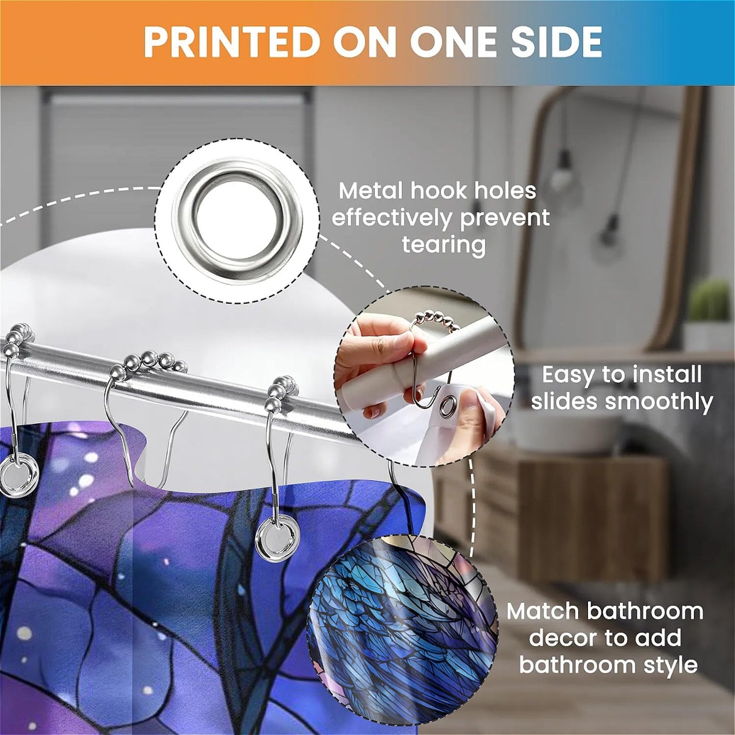 TANGXUNFA Blue and Black Raven Shower Curtain for Bathroom, Water-Resistant Long Shower Curtain Set 72x72 Inch with Metal Grommets and 12 Metal Hooks