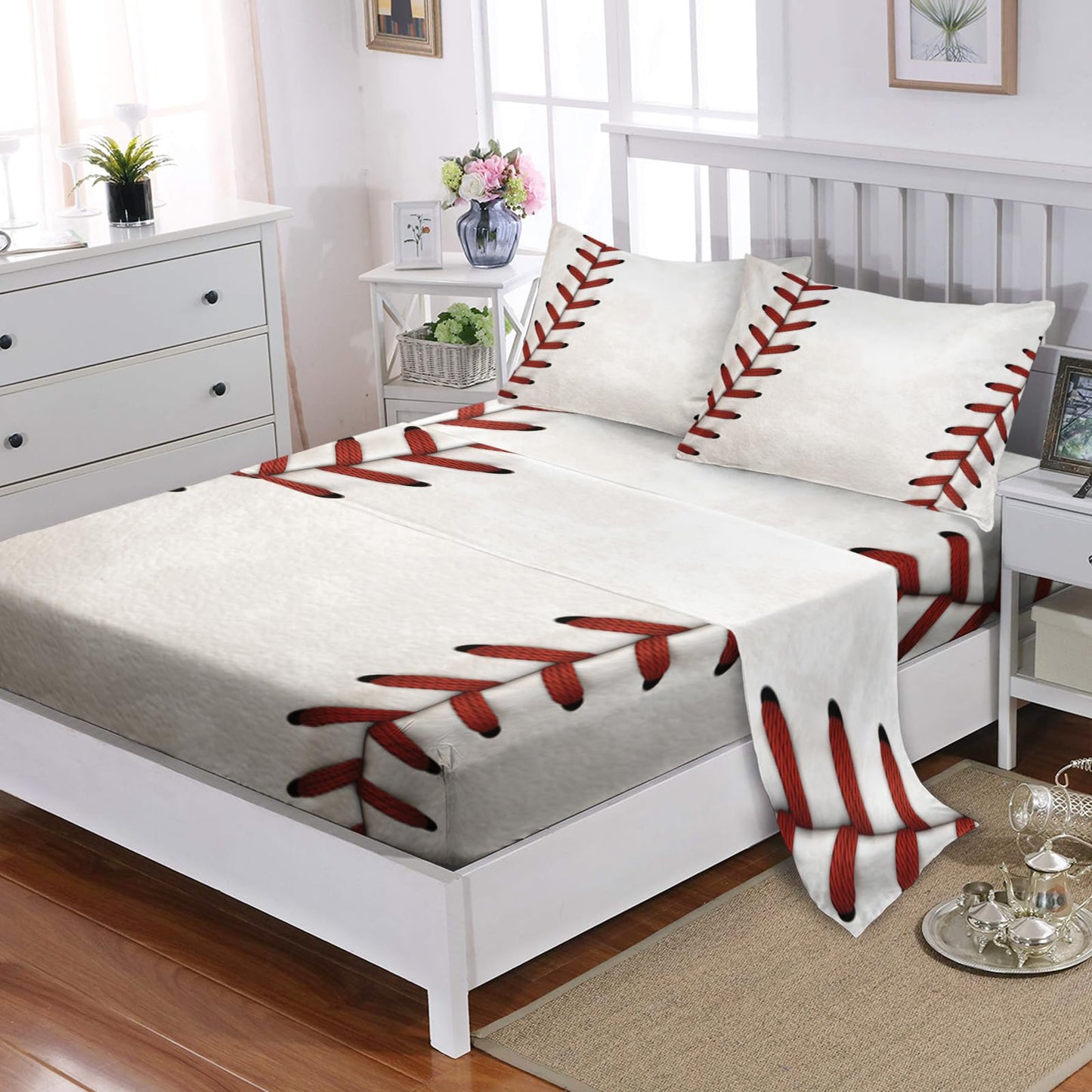 Nttopship Baseball 4 Pieces Bed Sheet Sets Full Size Baseball Bedding Sets with 16" Deep Pockets Sports Bedroom Decor,Bedding Set 4 PCS(1 Fitted+1 Flat+2 Pillowcases)
