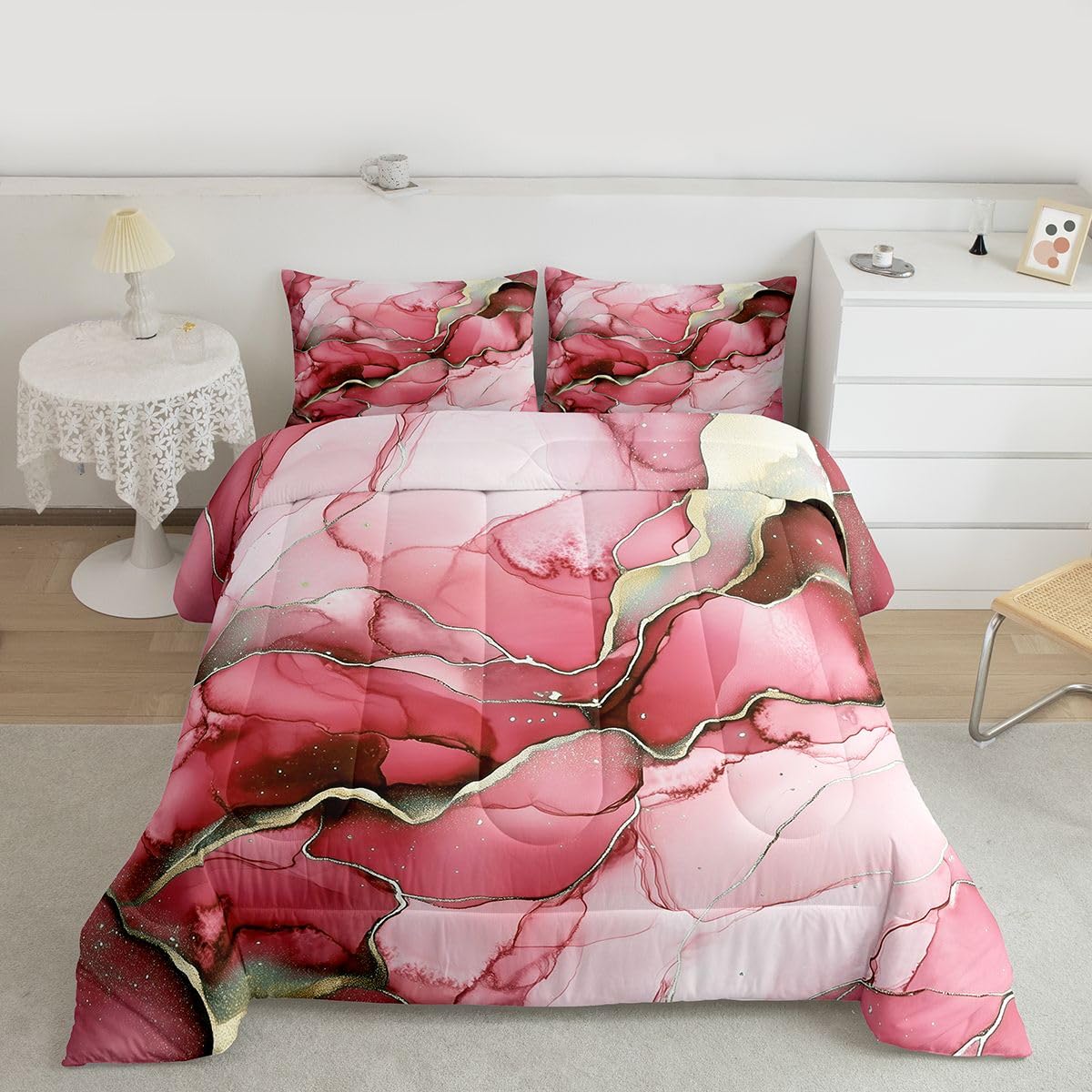 Erosebridal Marble Kids Comforter Sets Pink Marble Print King Bedding Set for Boys Girls Gold Liquid Quicksand Design Comforter Set,Novelty Modern Marbling Quilt Duvet 3 Pcs