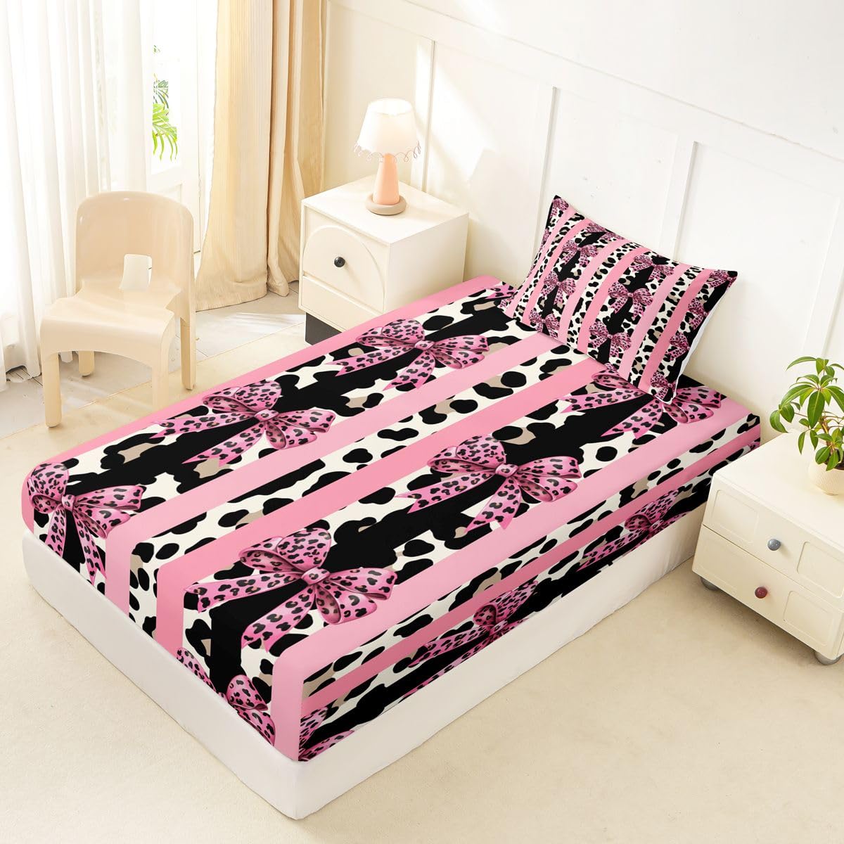 jejeloiu Girls Pink Bow Fitted Sheet with 1 Pillowcase Twin Size Leopard Bowknot Bed Sheets Set 16" Deep Pocket Boys Girls Striped Coquette Bow Bedding Teens Bedroom Decor Breathable