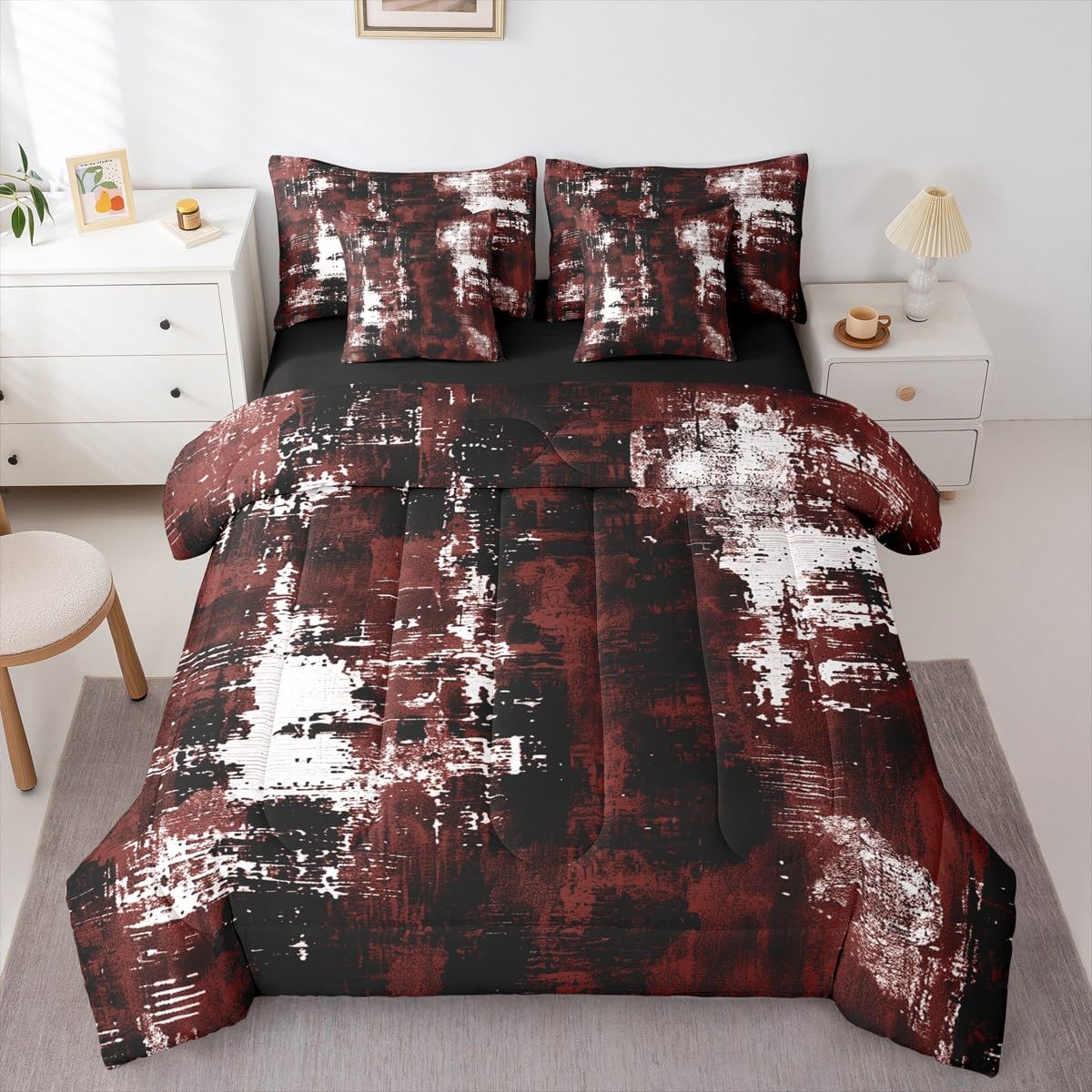 Feelyou Abstract Comforter Set with Sheets 7 Piece Queen Size Modern Abstract Art Bed in a Bag Kids Boys Girls Black Wine Bedding Set Luxury Bedroom Decor Geometric Breathable Soft Microfiber