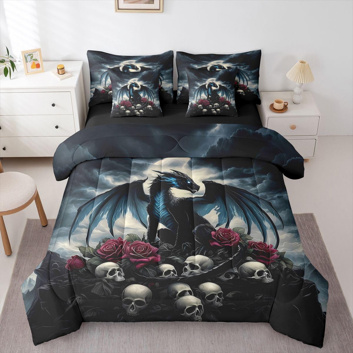 Feelyou Dragon Twin Comforter Set with Sheets for Kids Boys Girls Dragon Stuff 7 Pieces Bedding Set Wild Life Bed in a Bag Magic Wildlife Room Decor Blackish Soft Lightweight Microfiber