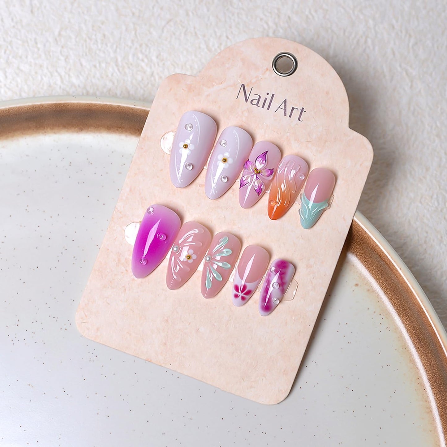 24Pcs Gradient Press on Nails Medium Almond Fake Nails with 3D Carved,Floral & Pearl Designs French Tip Cute Stick on Nails Pink False Nails Spring Summer DIY Nails for Women