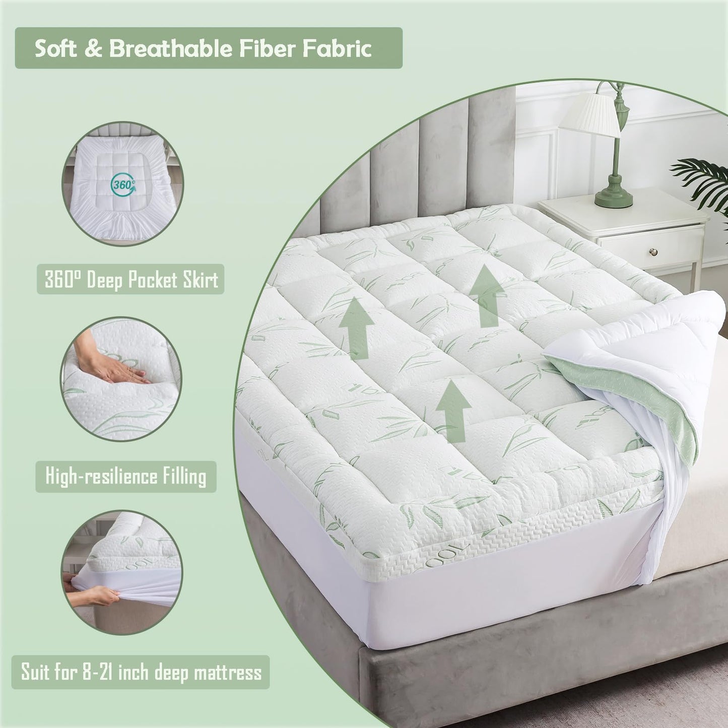 WhatsBedding Full Mattress Topper, Soft Pillow Top Mattress Topper with Deep Pocket Fits 8–21 Inch,7D Spiral Fiber Filling, Bamboo Viscose Air Layer Mattress Topper Full.