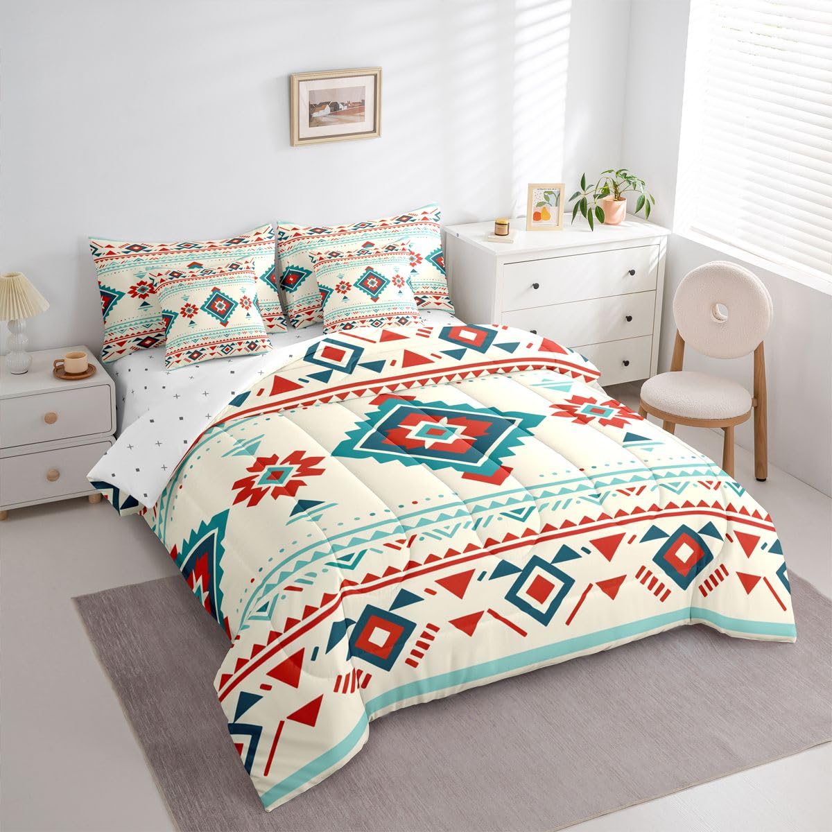 Erosebridal Aztec 7 Piece Bedding Set Queen Geometric Comforter Set with Sheets Diamond Boho Tribal Striped Art Bed in a Bag Cartoon Southwestern Ethnic Style for Teens Men Women