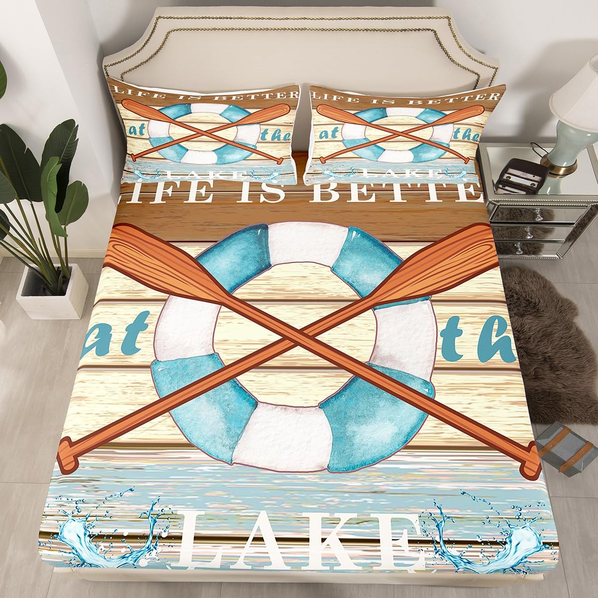 Lake House Fishing Kids Fitted Sheet Twin Size,Adventure Camping Boating Nature Bedding Set,Boys Girls Room Decor,Woode Plank Rustic Retro Bed Cover,Blue Beige Bed Sheet,1 Pillowcase(No Top Sheet)