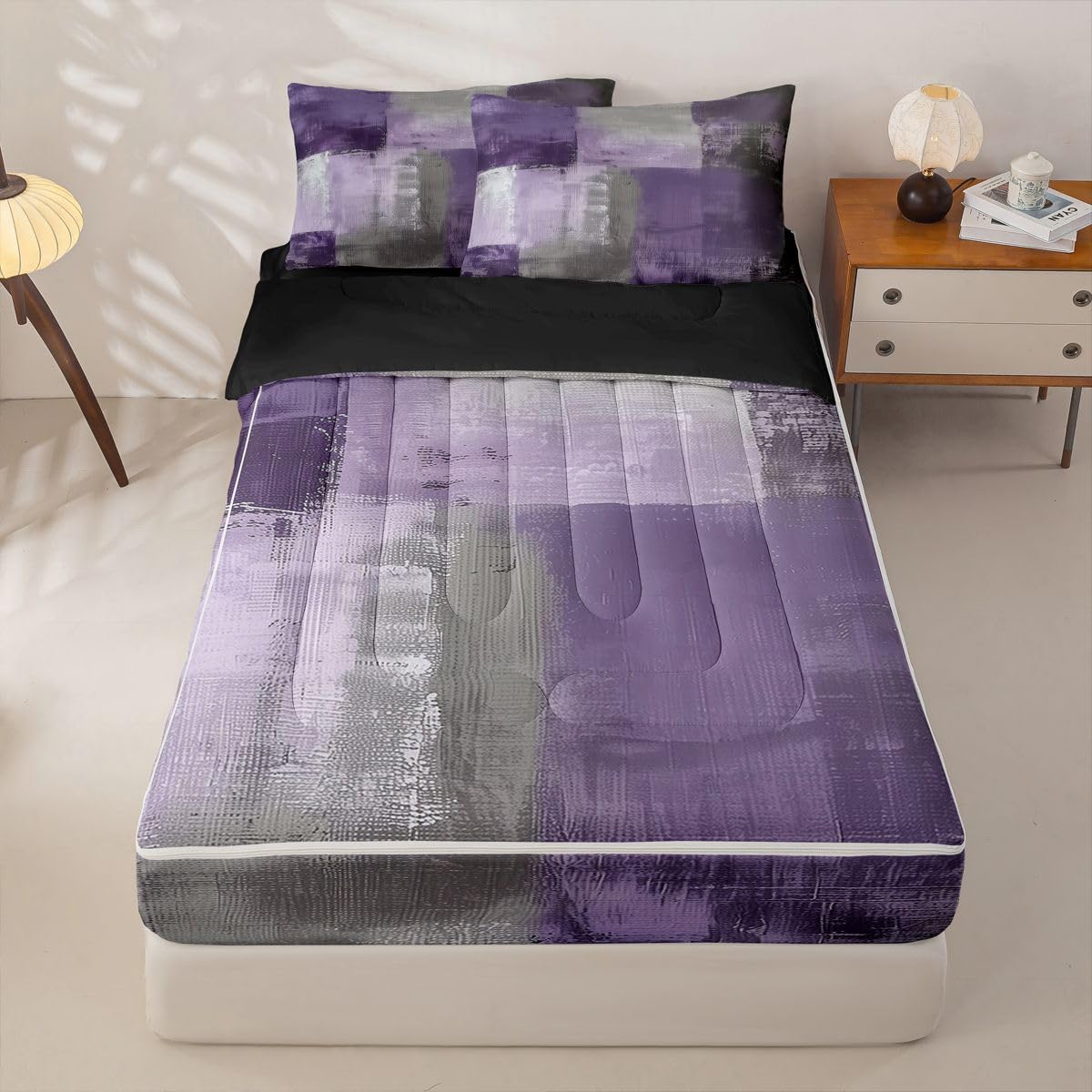 jejeloiu Abstract Zipper Bedding Twin Purple Gray Bedding Sets for Kids Boys Girls Modern Art Comforter Set with Fitted Sheet 2 Pillowcases One Zipper Bed Set for All Seasons