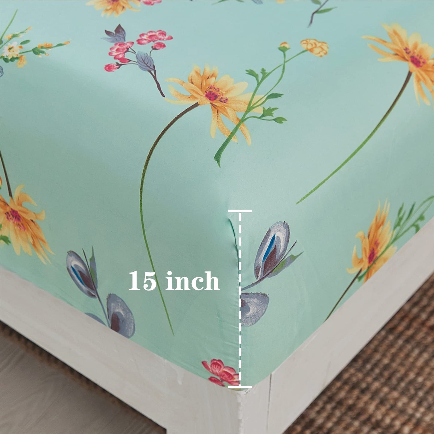 JSD Green Floral Printed Sheet Set Queen Size, 4 Piece Soft Botanical Microfiber Sheets Extra Deep Pocket