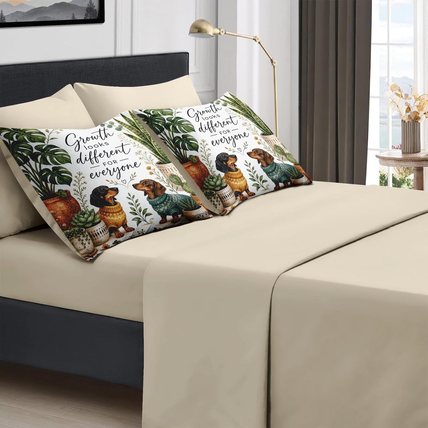 Boewywh Comforter Set Twin Size Dachshund Plant Inspirational 7 Pcs, Bedding for Kids and Adults, Bed Sheet Sets with Fitted Sheet 2 Pillowcases & 2 Shams for Bedroom Bed Decor