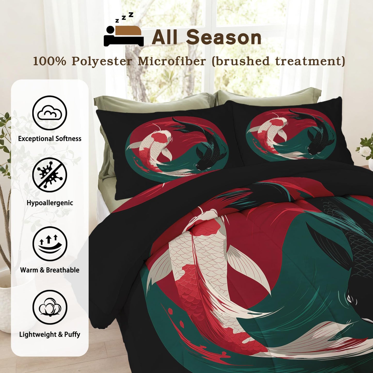 TANCAPRIUM Japanese Koi Fish Comforter Set Queen - Yin Yang Bedding Set & 2 Pilow Cases for All Season - Soft Reversible Down Alternative 3 Piece. Koi Fish Bedrom Decor