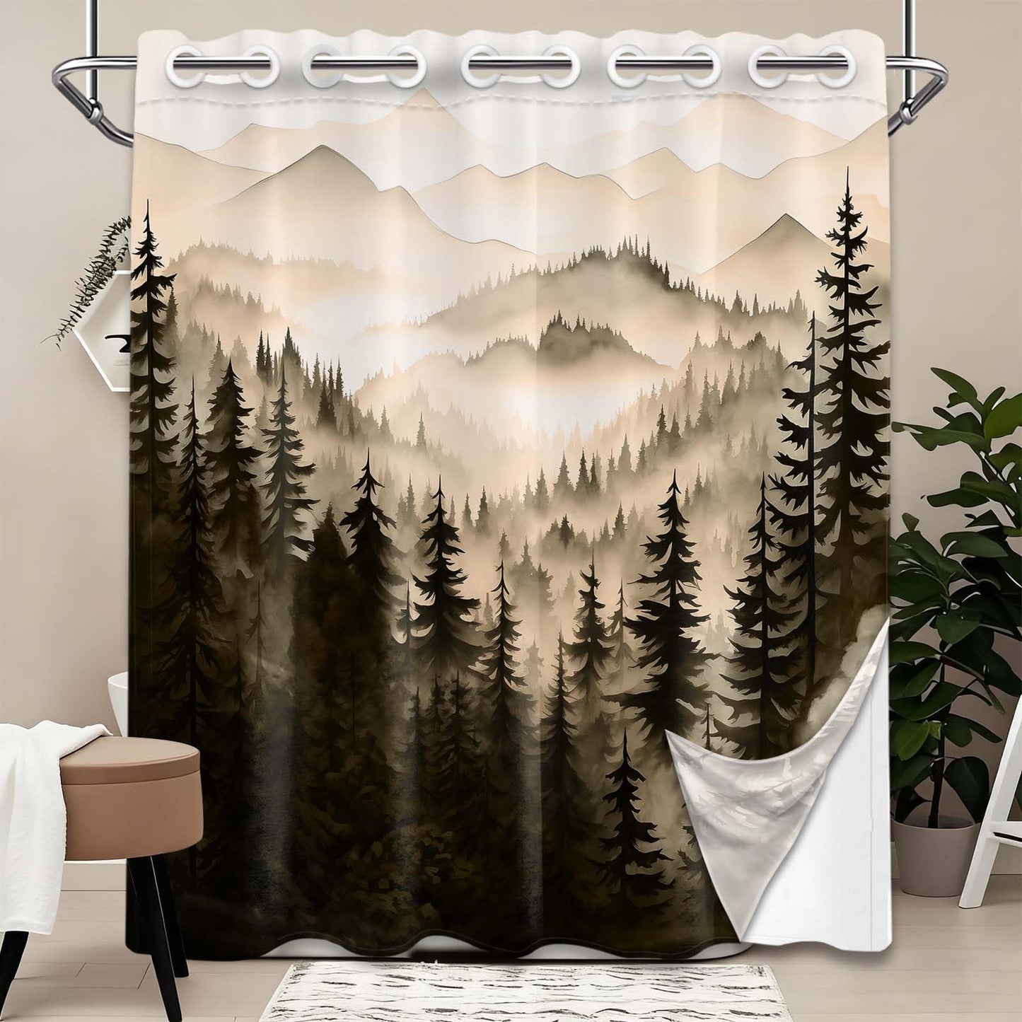 Bxpaitx Dark Brown Forest Hookless Shower Curtain with Snap in Liner Set, Chocolate Bronze Brown No Hook Shower Curtains for Mens Bathroom, Liner with Magnets, Waterproof Cloth Fabric, 71" W x 74" L