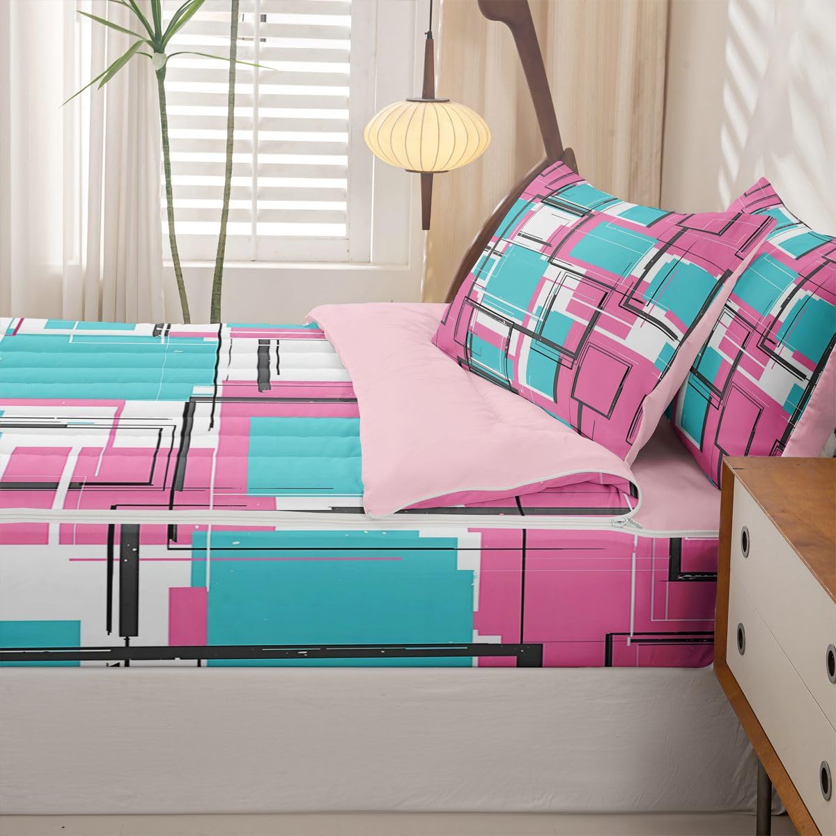 Erosebridal Graffiti Geometric Zippered Comforter Set Fashion Square Lines Zipper Bedding Set Full Size Aesthetic Patterns Bed in a Bag Modern Fashion Geometric Comforter with Sheets