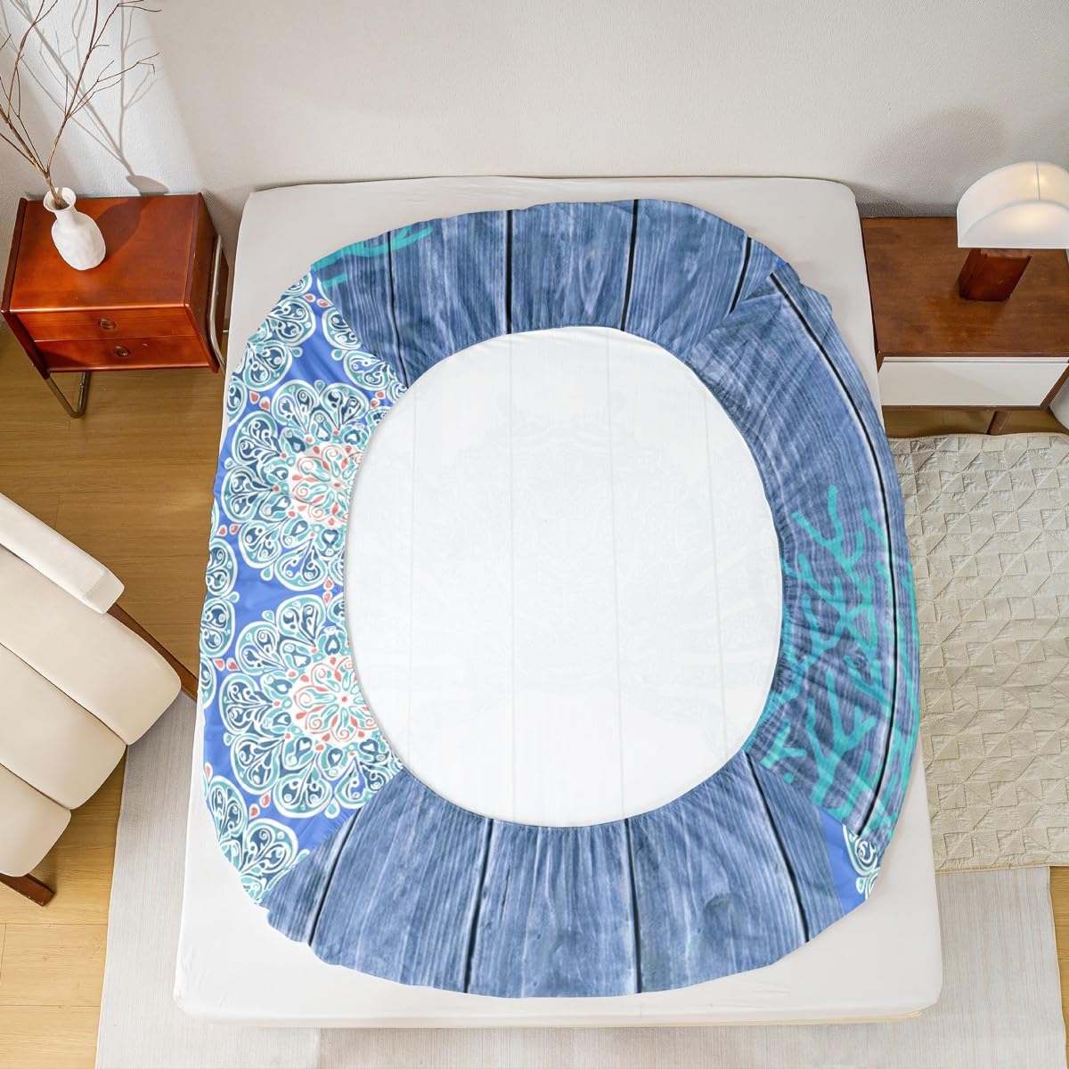 Erosebridal Blue Crab Sheet Set,Hippie Boho Mandala Bed Sheets Queen Sea Ocean Nautical Theme Flat Sheet Beach Animal Fitted Sheet Wood Board Home Room Decor,4Pcs with 2 Pillow Shams