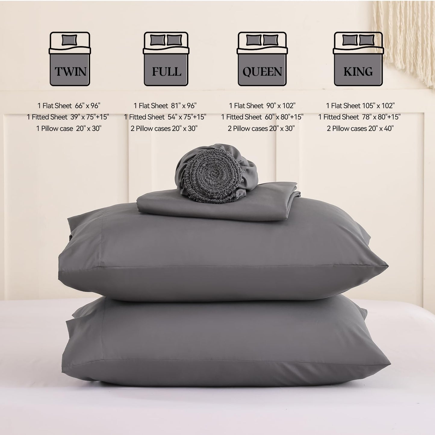 FreshCulture King Size Bed Sheets 4 Piece Sheet Set Include 15" Deep Pocket Fitted Sheet Flat Sheet and 2 Pillowcases Grey Bedding Soft Wrinkle & Fade Resistant Bedsheets for Bedroom