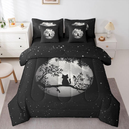 Erosebridal Moon Cat 7-Piece Bedding Set Full Size for Kids Teens Adults | Gothic Black Cat Bed in a Bag Black White Stars Starry Sky Comforter Set with Sheets Leaves Botanical Branches Duvet Insert