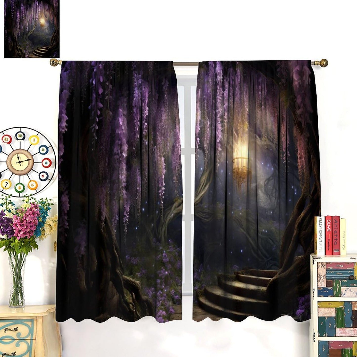 DKMQQUL Fantasy Forest Curtains, Enchanted Wonderland Purple Wisteria Flower Lanterns Nature Scenery Window Treatment for Living Room Office Bedroom Kitchen Drapes, 42x45 Inch