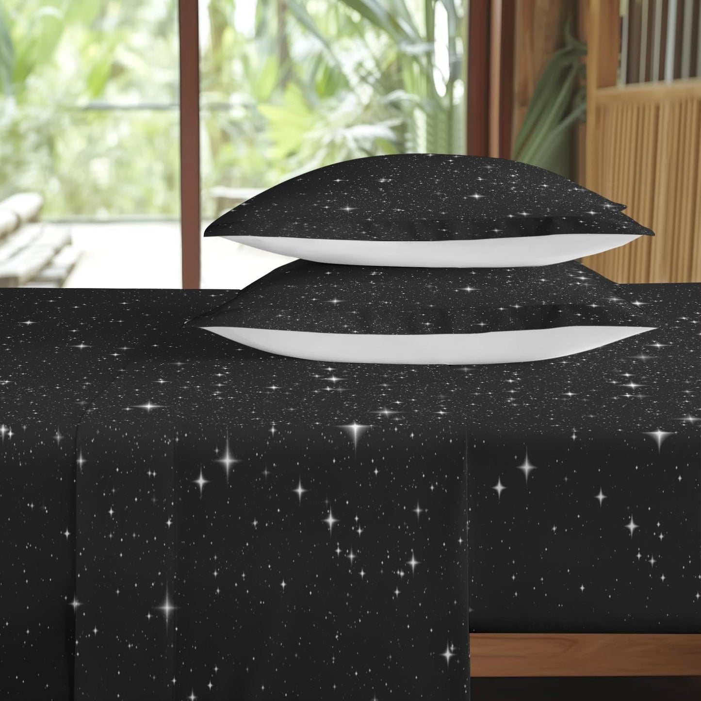 Pamnest Twin Size Bed Sheet Sets, Space Starry Deep Soft Microfiber 3 Pcs Bedding Sets for Kids and Adults Bedroom Bed Decor, Black Star Sky Flat, Fitted Sheet and Pillowcases