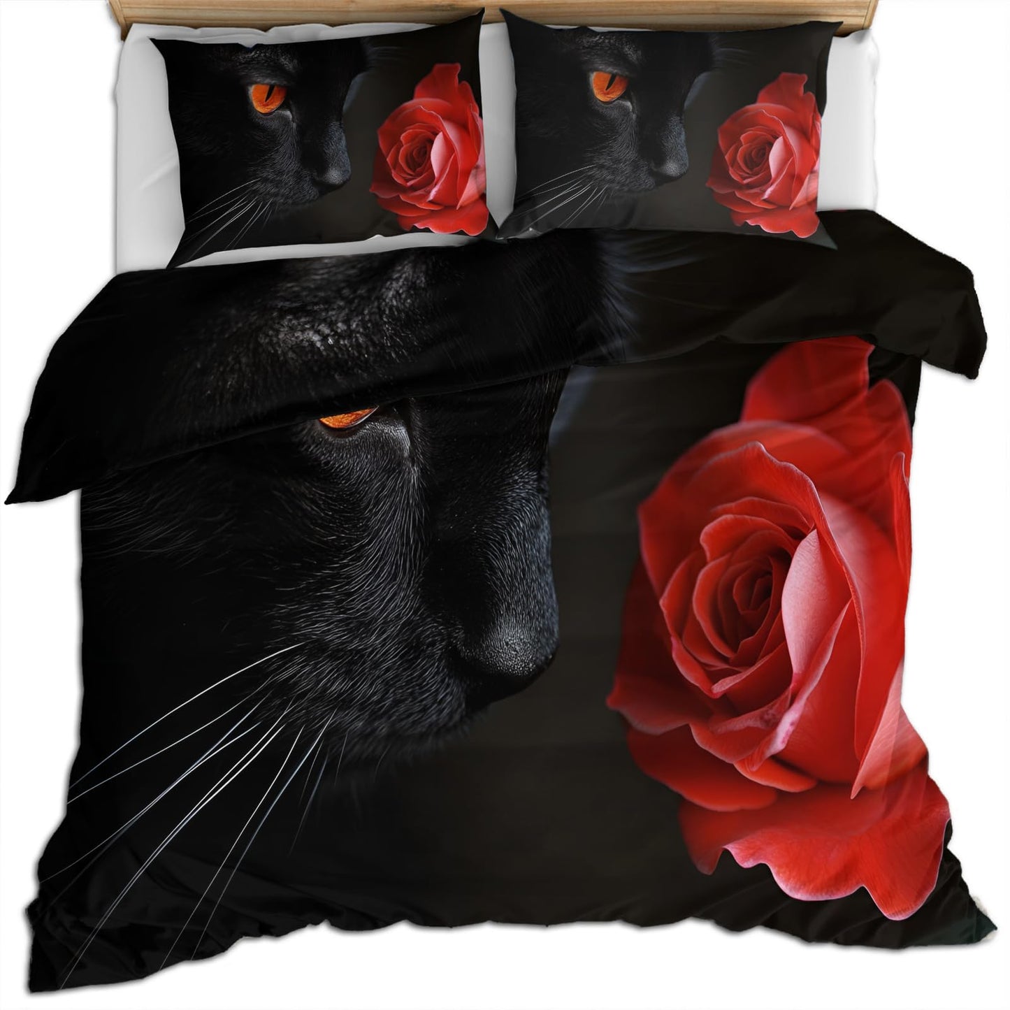 PAISUOQ Cat Print Bedding Sets, Cat with Roses Duvet Cover Queen, Romantic Animals Comforter Cover with Zipper Ties, 3 Pieces with 2 Pillowcases, Home Decor & Gifts