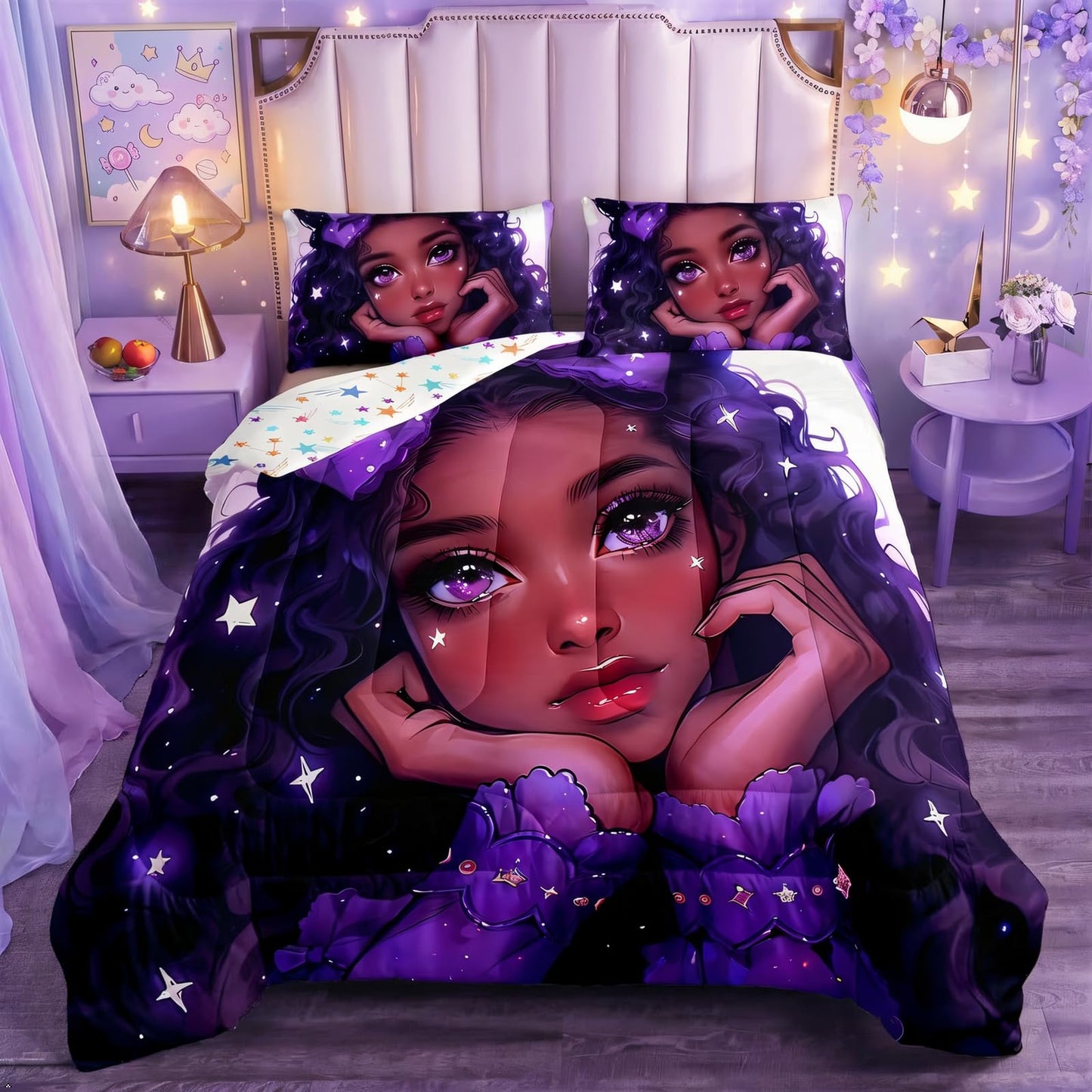 Erosebridal Afro Hair Girl Twin Comforter Set for Little Girls,Toddlers Cute Afro Melanin Princess Bedding Set,Purple Bow American Black Girls Quilt for Girls Bedroom