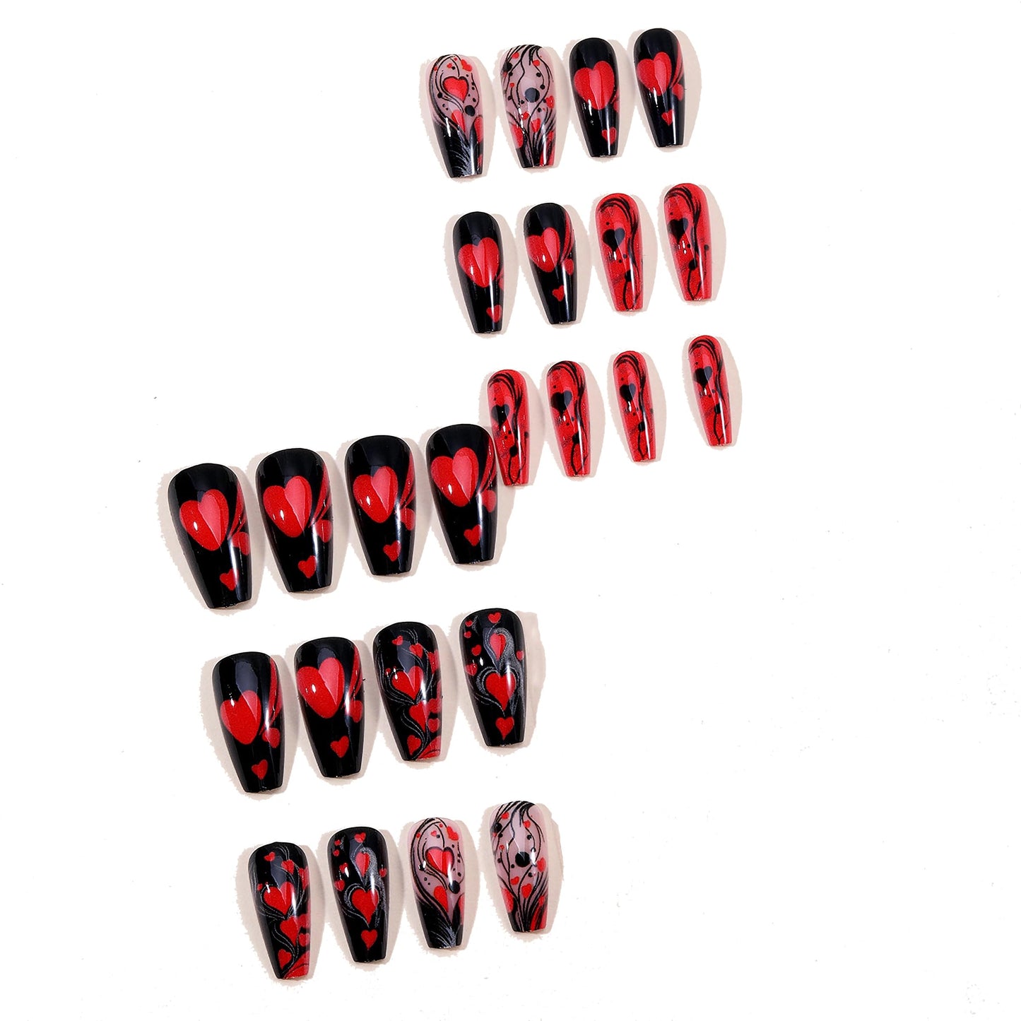 MERVF Coffin Press on Nails Long, Black Red Fake Nails Heart Striped Glue ons Goth Design Acrylic Nail Glossy 24pcs