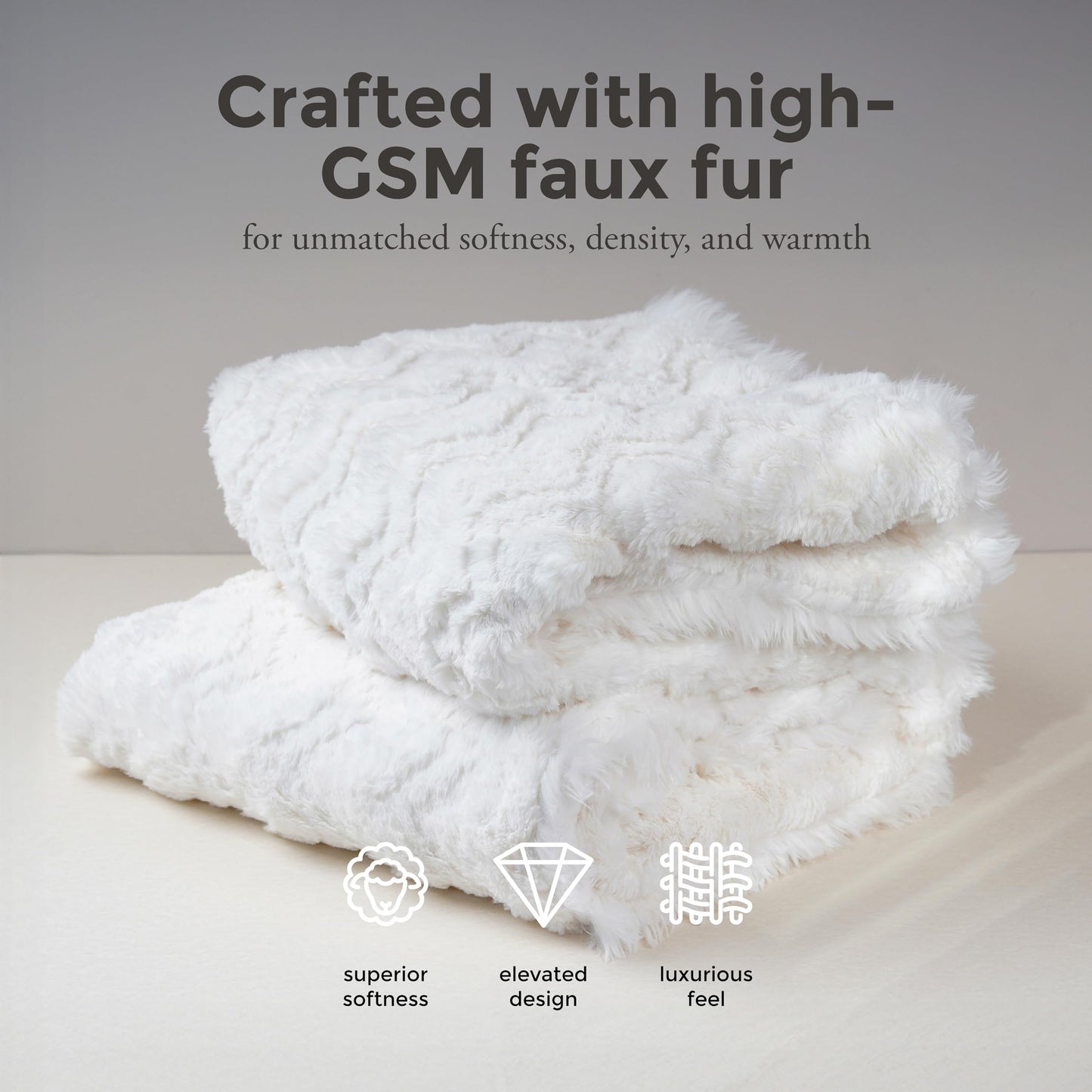 Mon Chateau 60" x 70" Crest Faux Fur Throw, Plush Luxury Blanket for Couch, Sofa, or Bed, Soft Reversible Throw Blanket for Sleeping, Home & Room Decor, Ivory Jacquard