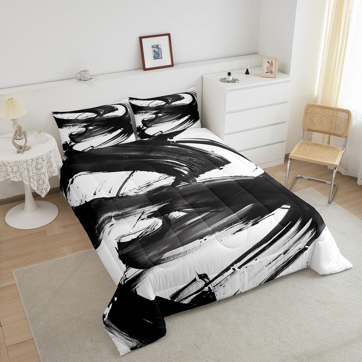 jejeloiu Black White Comforter Set Twin Size Abstract Line Bedding Set for Kids Boys Girls Decor Modern Art Duvet Quilt Soft Microfiber Bedroom Decor,with 1 Pillow Case