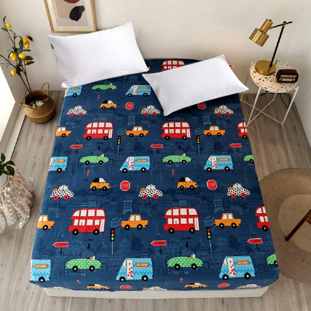 NATURETY Bedding Fitted Sheet with Deep Pocket,Thicken Printed Fabric Bed Sheets (Navy Blue(Cars), Queen)
