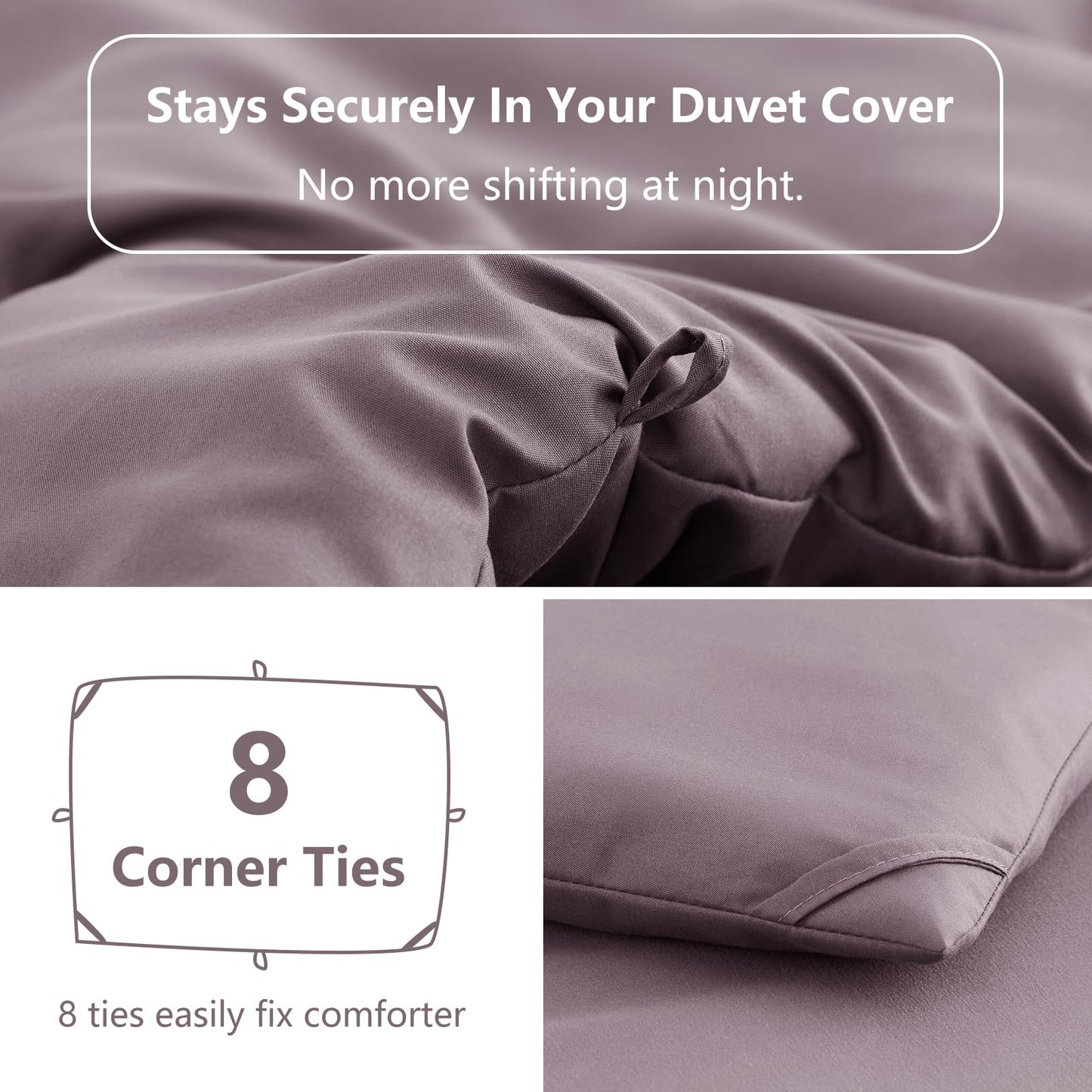 HIMEET King Size Comforter Set 3 Piece, 270GSM Down Alternative Fill, Oeko-TEX Certified, Quilted with 8 Corner Ties, All Season Bedroom Bedding with 2 Pillowcases, Dusty Purple
