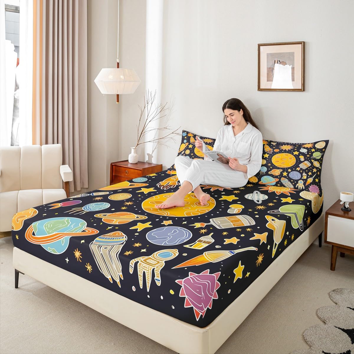 Outer Space Bed Sheet Set Twin, Solar System Fitted Sheet for Kids Planet Solar System Bedding Set Boys Girls Educational Bed Cover Bed Set 2Pcs (No Flat Sheet)