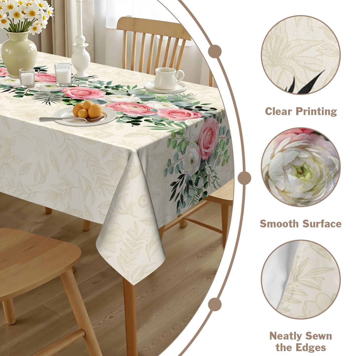 Kwlegh Spring Summer Tablecloth 60x84 Inch Rectangular Pink White Rose Flower Table Cover Green Eucalyptus Leaves Reusable Washable Tablecloths for Dining Decor Party Picnic Indoor Outdoor