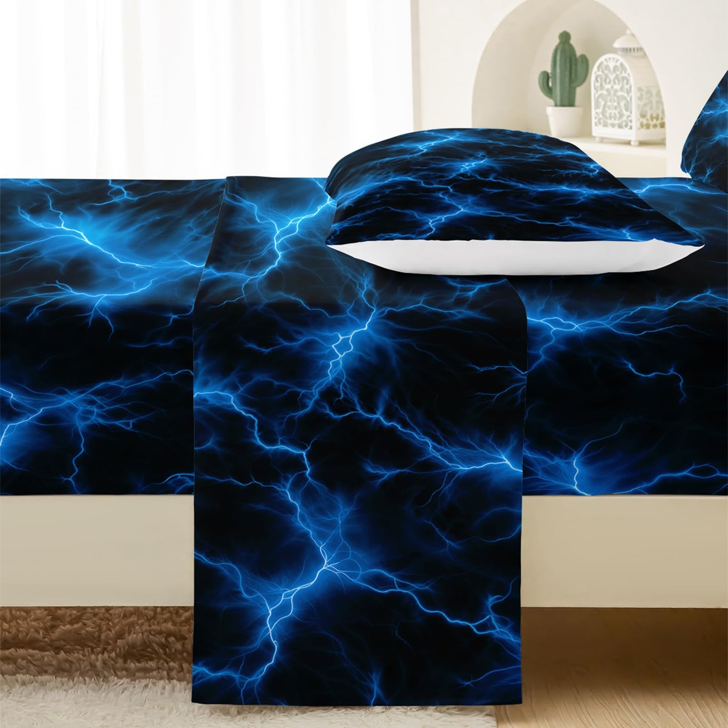 QOOMO Glowing Pattern Kids Sheet Set, Soft Microfiber Neon Light Sheets for Children Teens, Twin Blue Bed Set with Deep Pocket, 1 Fitted Sheet, 1 Flat Sheet, 2 Pillow Cases
