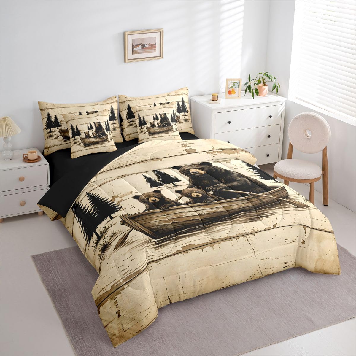 Feelyou Bear Comforter Set with Sheets 7 Piece Twin Size Rustic Cabin Country Bed in a Bag Kids Boys Girls Lake Life Bedding Set Wild Animal Bedroom Decor
