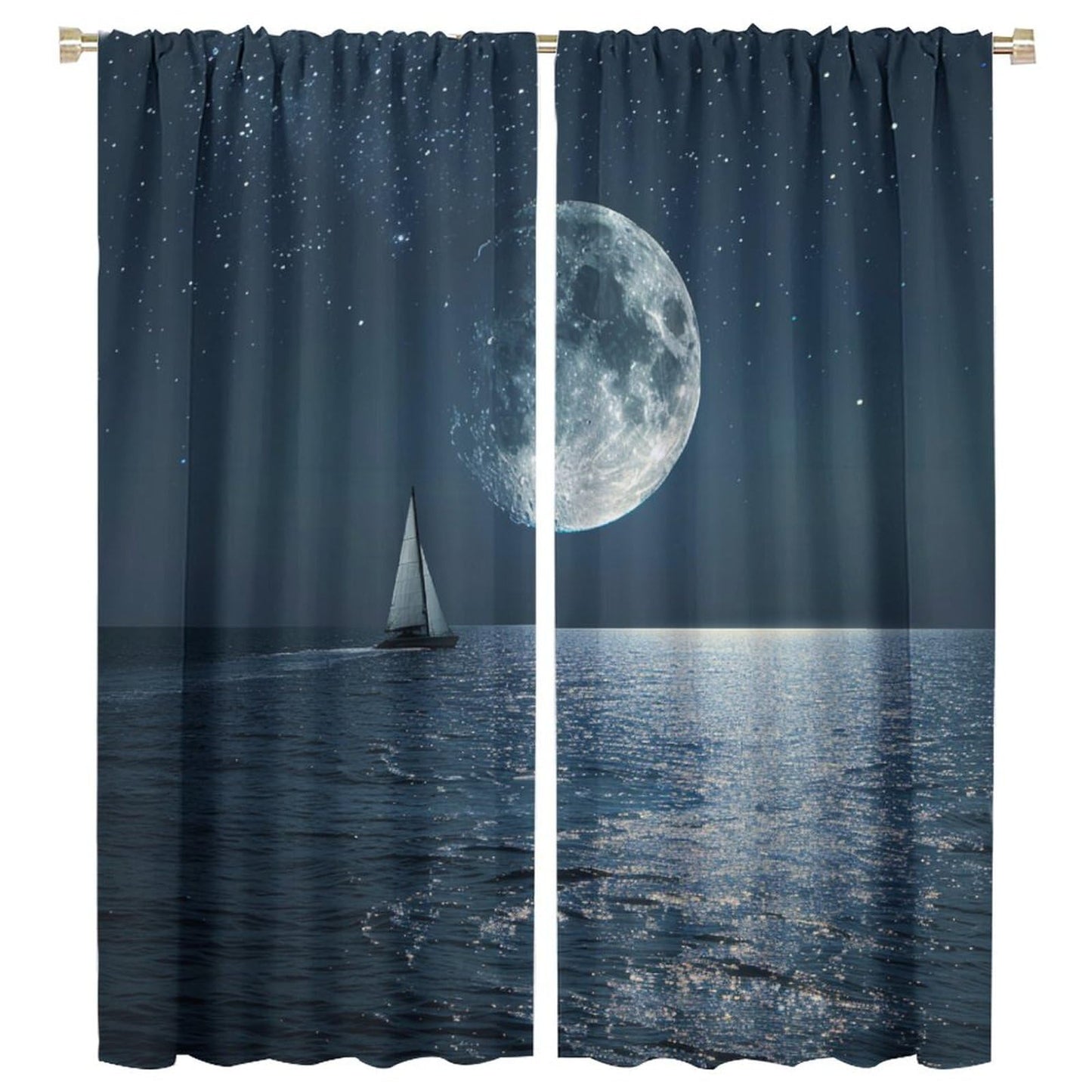 TOWINSFB Modern Sailboat Star Moon Blackout Curtains for Living Room Bedroom, Seaside Nature Ocean Window Curtains Rod Pocket Thermal Insulated Window Drapes, 2 Panels, Each 21" W x 63" L