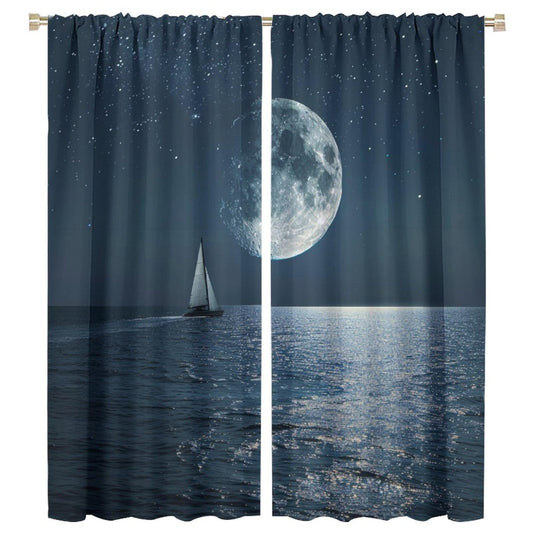 TOWINSFB Modern Sailboat Star Moon Blackout Curtains for Living Room Bedroom, Seaside Nature Ocean Window Curtains Rod Pocket Thermal Insulated Window Drapes, 2 Panels, Each 21" W x 63" L