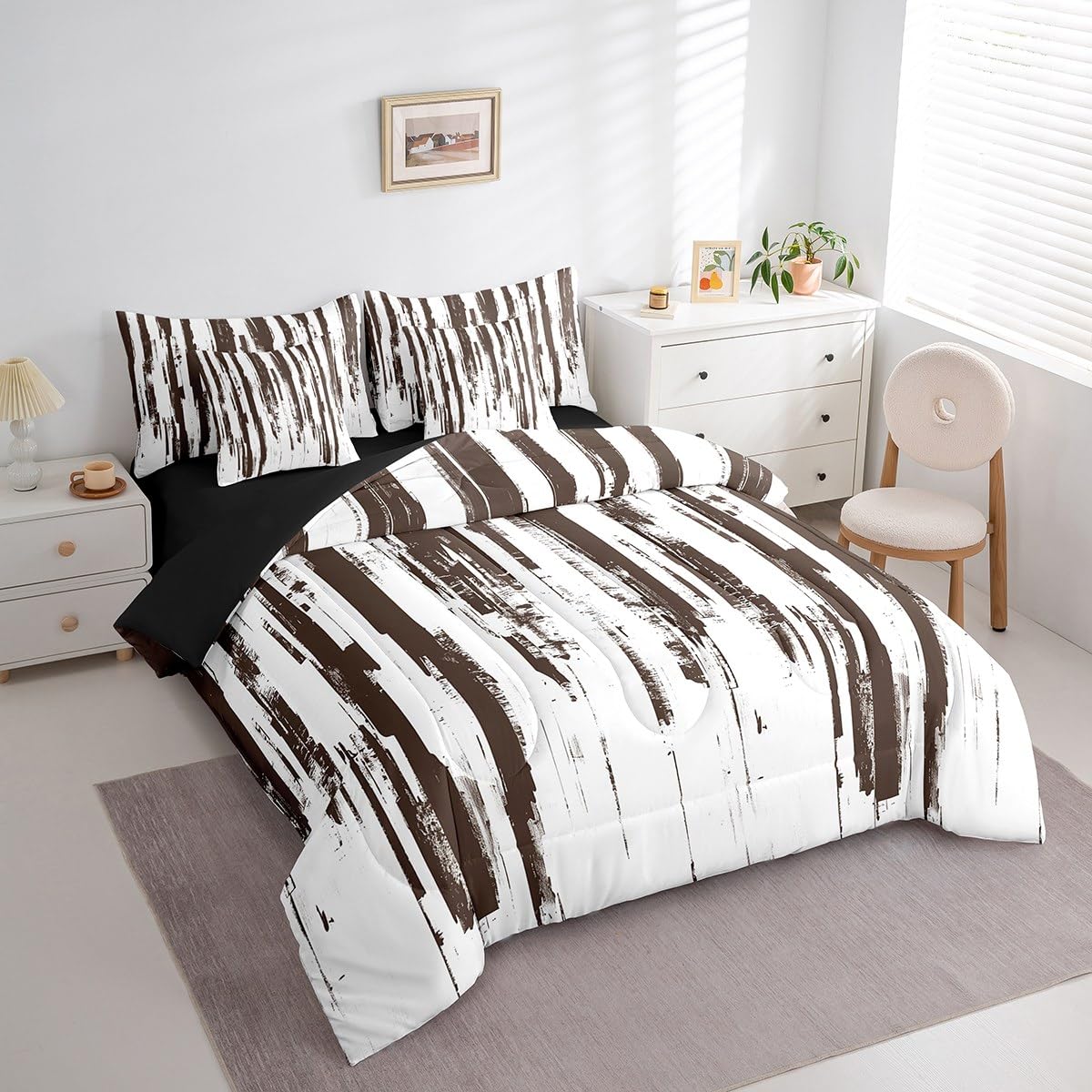Erosebridal 7Pcs Khaki Abstract Geometric King Comforter Set for Women Men Adults,Boho Watercolor Bed in A Bag,Graffiti Ink Painting Modern Art Stripes Striped Quilt Set with Pillowcases