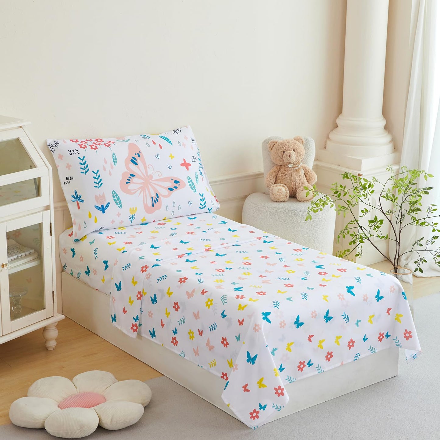 PERFEMET Girls Toddler Bedding Colorful Flower Blossom Comforter Set Butterfly Print Toddler Bedding Sets Ultra Soft Lightweight Bed-in-A-Bag for Toddlers(4 Pieces, White)