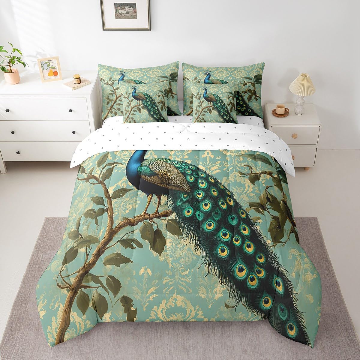 Erosebridal Peacock Comforter Set King Size,Retro Damask Floral Bedding Set for Kids Teens,Peacock Feather (Comforter+Fitted+Flat Sheet+2 Pillowcases+2 Throw Pillow Covers) 7 Pieces Bed Set