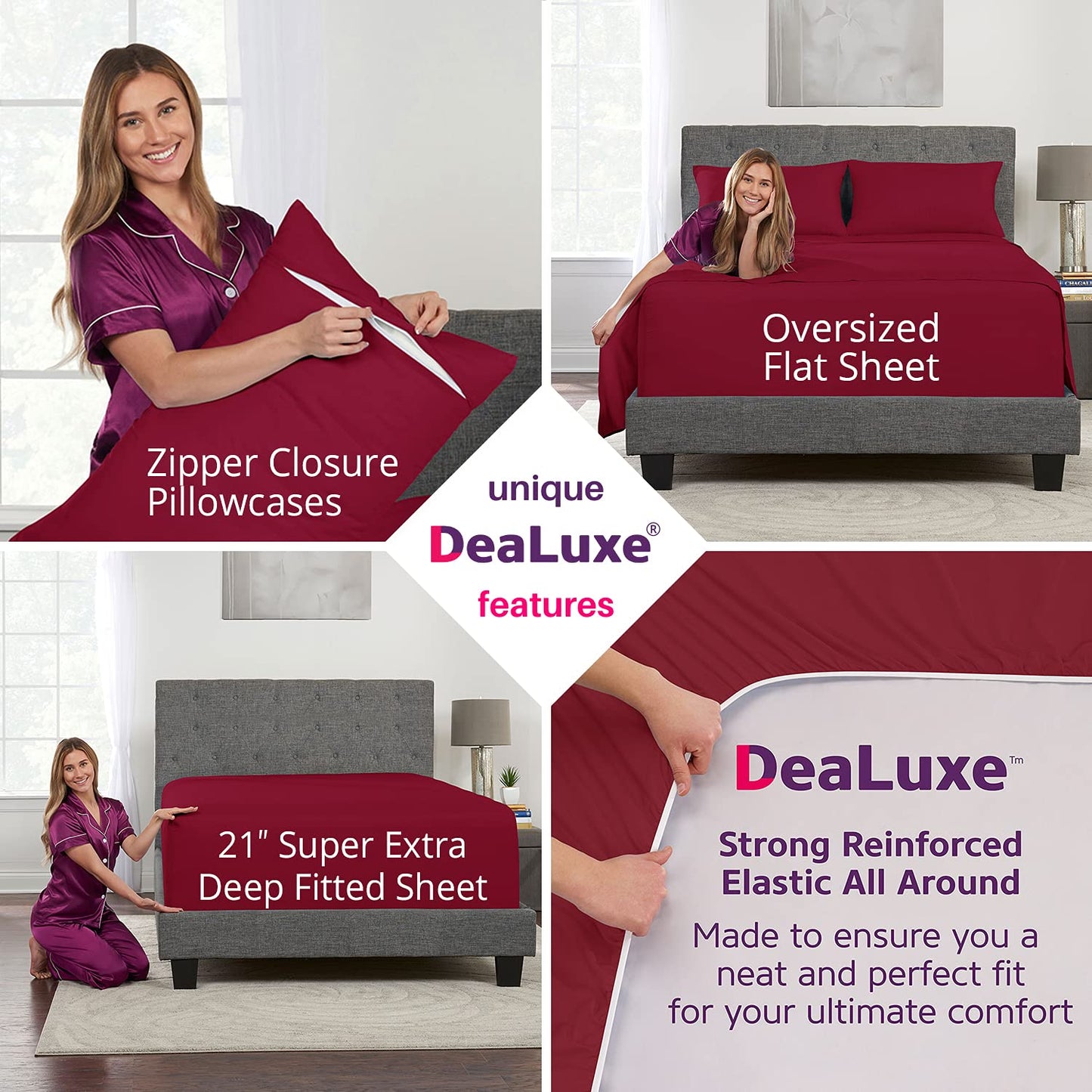 Deep Pocket King Size Sheets – 21” Oversize Bed Linens, 4Piece [Deep Flat Sheet, Fitted, 2X Zippered Pillowcases] – 18”-23” – Red