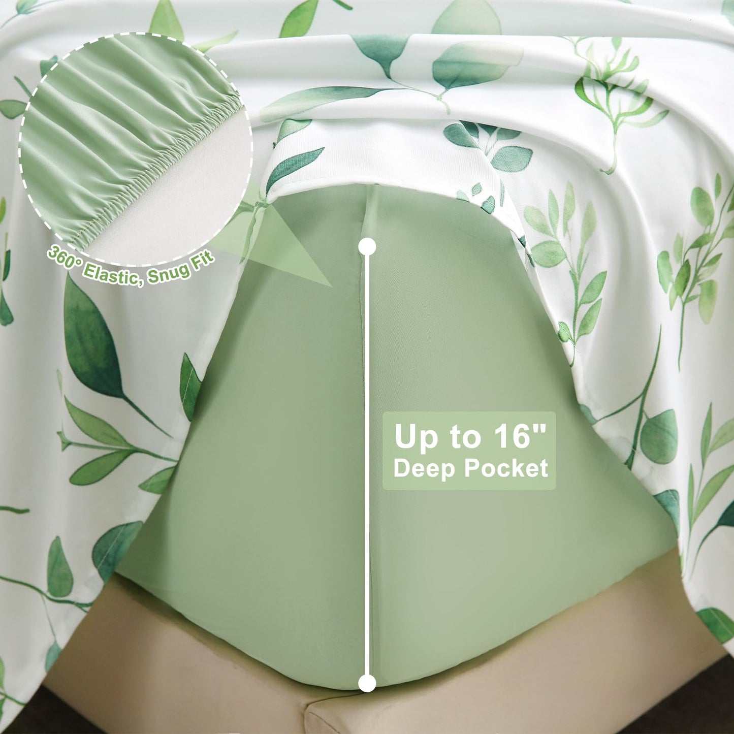 Botanical 6-Piece Queen Bed Sheets Set, Boho Floral Print Brushed Microfiber Sheets, Cooling Bed Sheet Set, Ultra Soft & Breathable, 16' Deep Pocket Fitted Sheet & Pillowcase Set, Sage Green Leaves