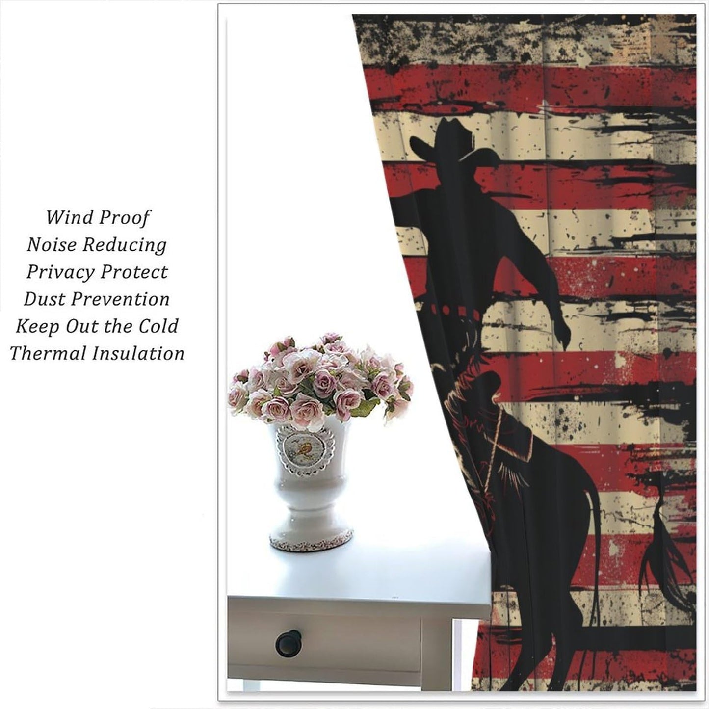 TOWINSFB Retro American Flag Blackout Curtains for Living Room Bedroom, Traditional USA Patriotic Western Cowboy Window Curtains Rod Pocket Thermal Insulated Window Drapes, 2 Panels, Each 21W x 45L