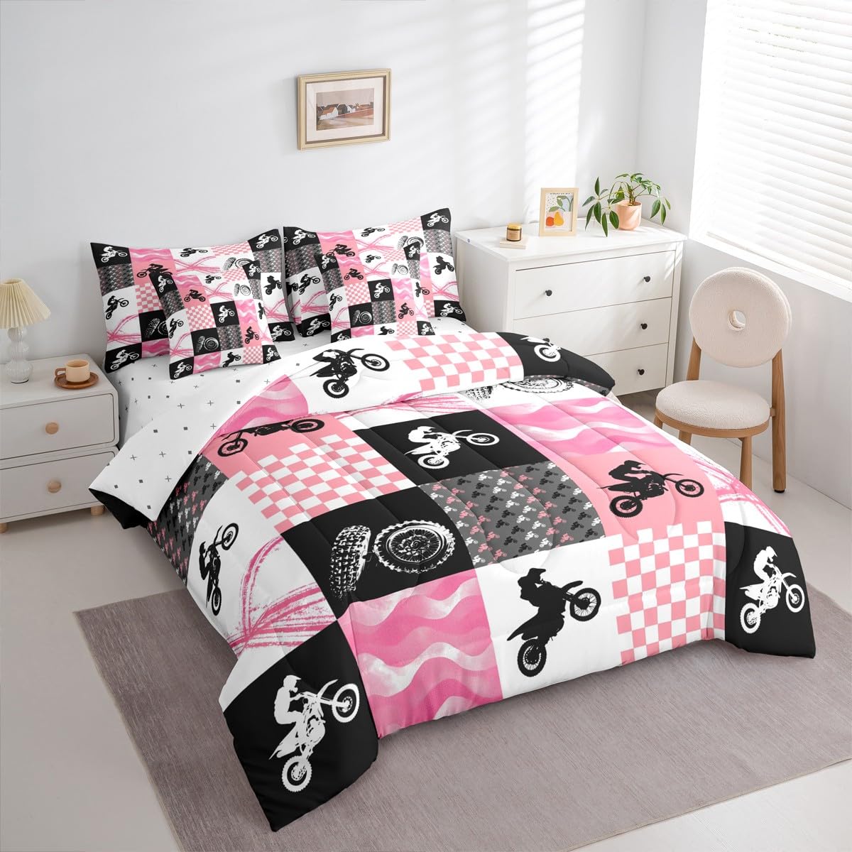 Erosebridal Motocross Twin Comforter Set 7 Pieces, Dirt Bike Bed in A Bag, Motorcycle Rider Bedding Set with Comforters, Sheets, Pillowcases Motorbike Extreme Sport Game Bedroom Decor