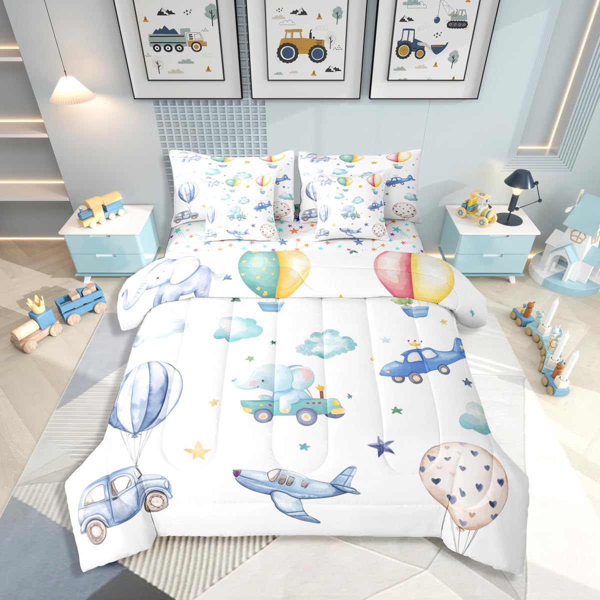 Erosebridal Colorful Hot Air Balloon Twin 7 Pcs Bedding Set, Cute Airplane Aircraft Comforter Set with Sheets for Boys Kids Adults Girls, Cartoon Car Lovely Heart Bed in A Bag, Star Print Bed Sets