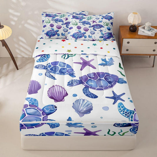 jejeloiu Sea Turtle Comforter Set Twin Size Zipper Bedding Set for Girls Boys Seaweed Comforter with Fitted Sheet, Pillowcases Ocean Creature Zipper Bedding Soft Breathable Underwater Bed in a Bag