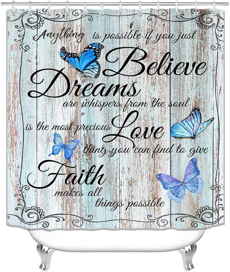 AYULO 4 PCS Blue Butterfly Shower Curtain Set with Rugs and Accessories Non-Slip Rugs, Toilet Lid Cover and Bath Mat Waterproof Shower Curtains Inspirational Quotes Farmhouse Bathroom Decor
