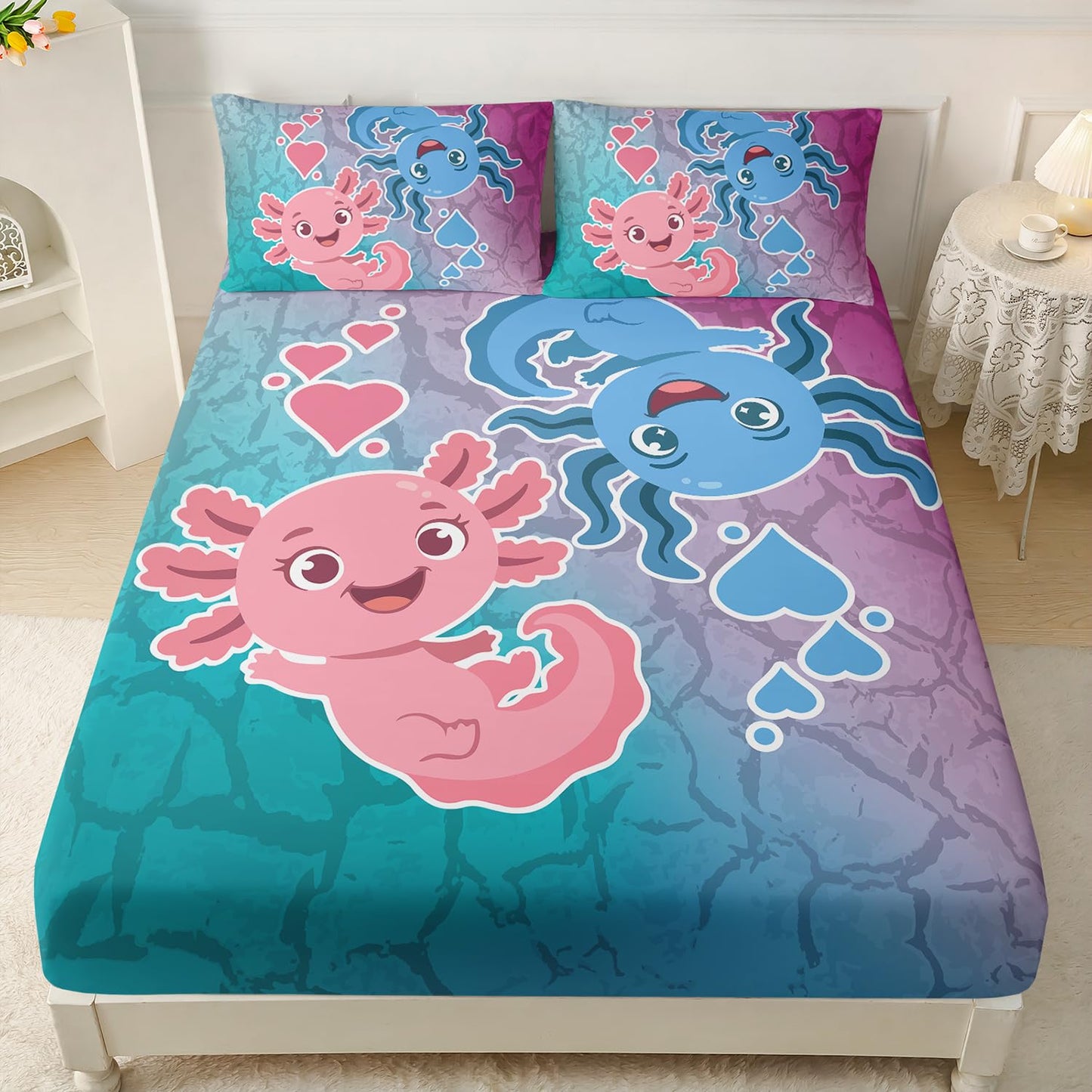 HOSIMA Axolotl Bedding Set Pink and Blue Axolotl Pattern Kawaii Twin Fitted Sheet Set for Kids Bedroom Decor,1 Fitted Sheet+2 Pillowcases.